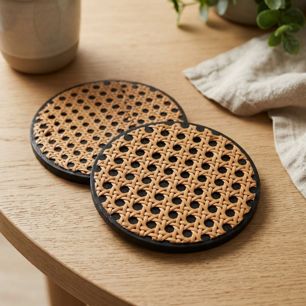 Rattan Coasters Set Of 2 — Hero. Styling props are not included. NovoBiz 5f4442da-d6f9-4f4e-bd36-1cdfb8918d21