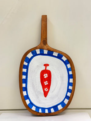 Hand-painted wooden oval serving tray with handle, 12 by 7 inches