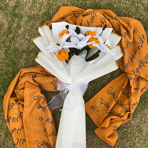 Handmade crochet lily bouquet with white and orange flowers