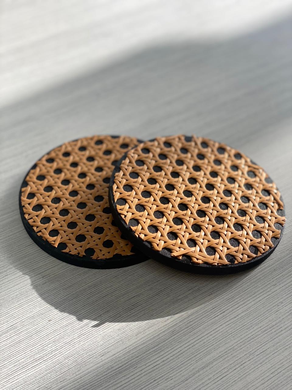 Handcrafted Rattan & Cane Webbing Drink Coasters (Set of 2) – Natural Woven Round Table Accessories