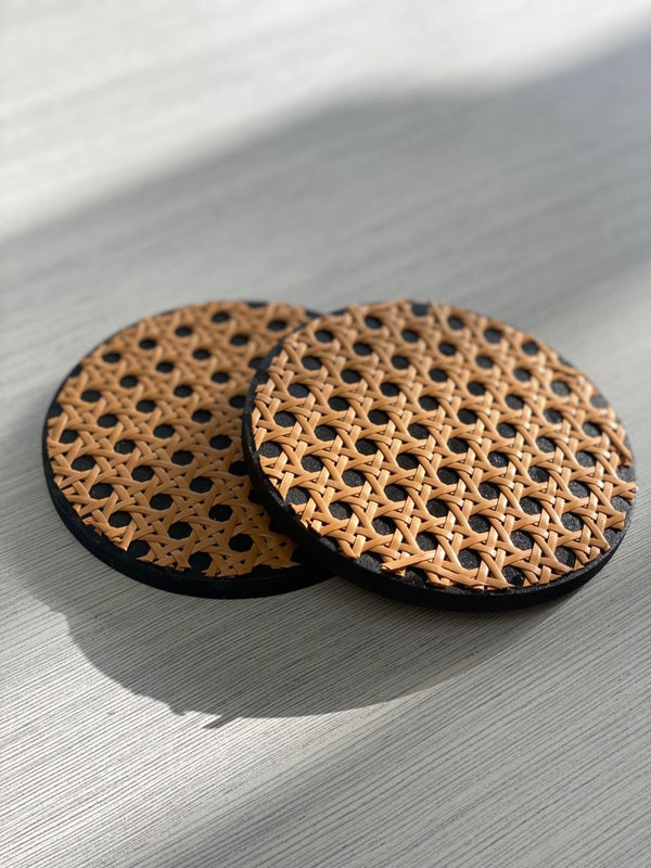 Handcrafted Rattan & Cane Webbing Drink Coasters (Set of 2) – Natural Woven Round Table Accessories