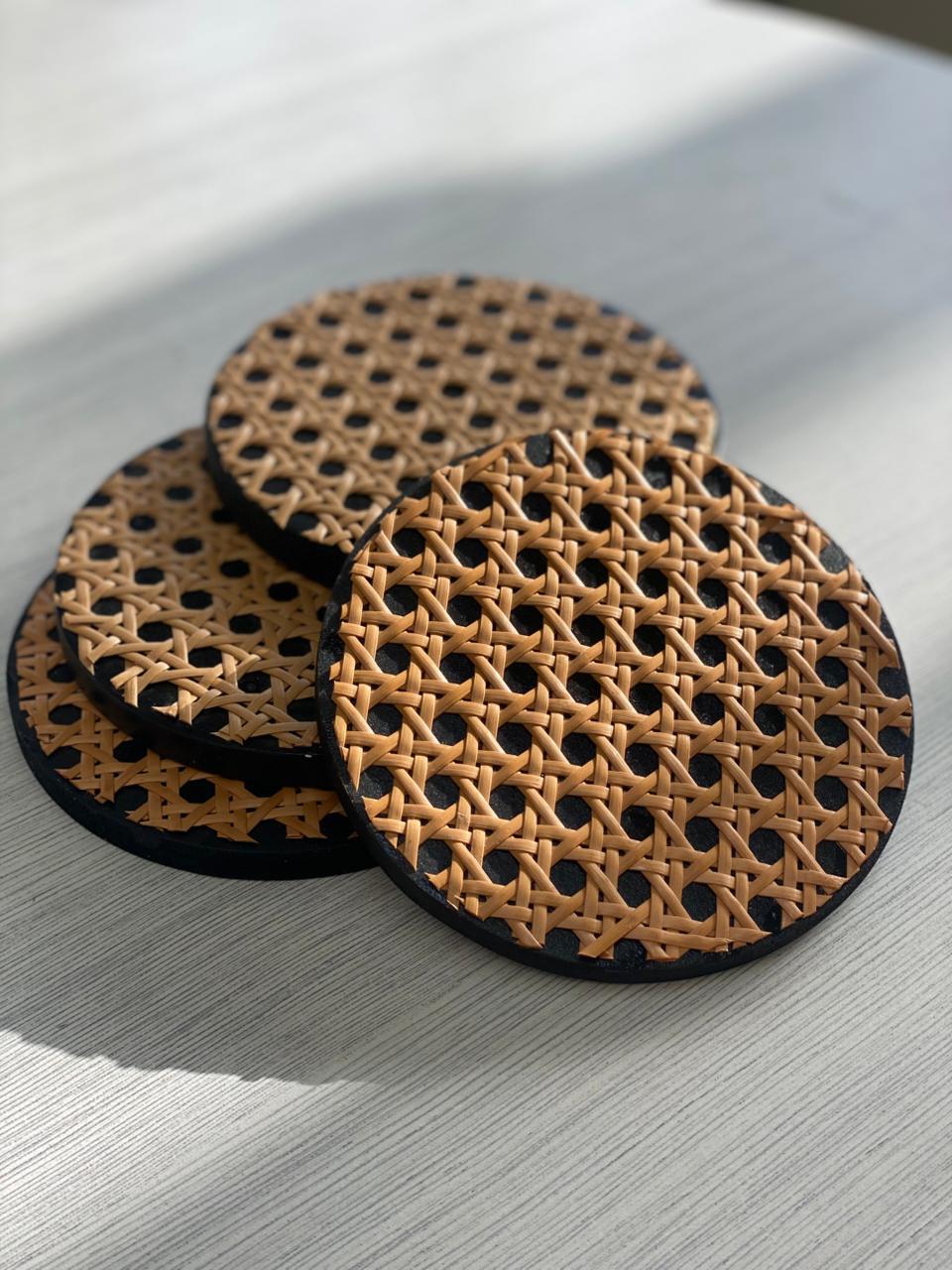 Handcrafted Rattan & Cane Webbing Drink Coasters (Set of 4) – Natural Woven Round Table Accessories