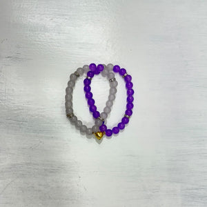 Double Pearls Bracelet with purple and gray beads and gold heart charm