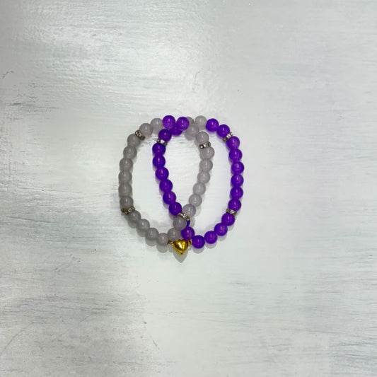 Double Pearls Bracelet with purple and gray beads and gold heart charm