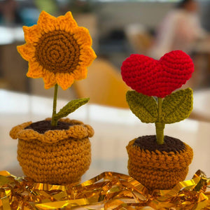 Crochet sunflower and red heart flower pods in handmade crochet pots