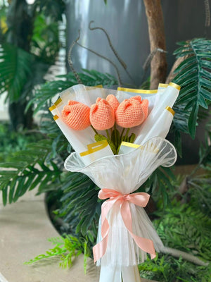 Peach tulip crochet flower bouquet with elegant gift wrapping