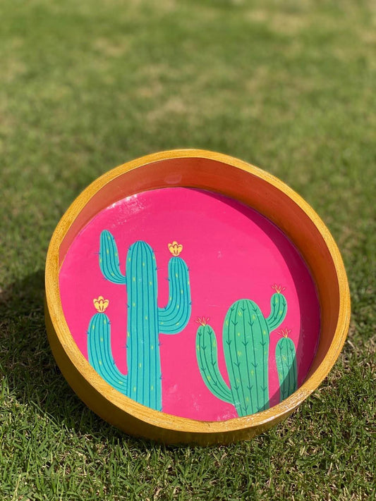Wooden Round Tray 9 Inch | Cactus Print Decorative Serving Tray