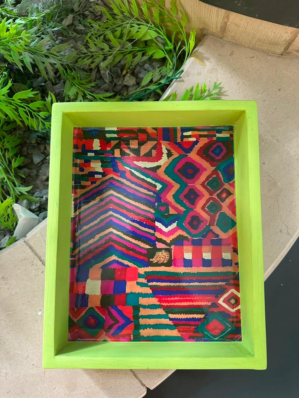 Handcrafted 8" x 10" Vibrant Geometric Abstract Wooden Serving Tray – Colorful Tabletop Accent