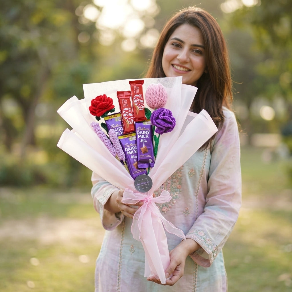 Chocolate Premium Crochet Bouquet — Lifestyle. Styling props are not included. NovoBiz 6c4ccb9c-c5f0-4b87-bf18-0b4ecc672b4b