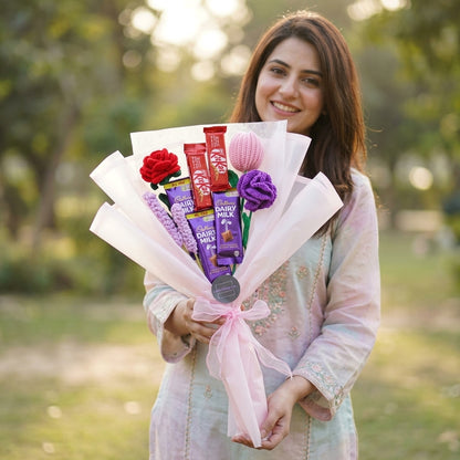 Chocolate Premium Crochet Bouquet — Lifestyle. Styling props are not included. NovoBiz 6c4ccb9c-c5f0-4b87-bf18-0b4ecc672b4b