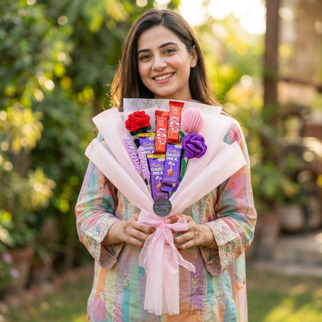 Chocolate Premium Crochet Bouquet — In Use. Styling props are not included. NovoBiz d59bc766-18a4-4db9-81f6-09dbaad21136