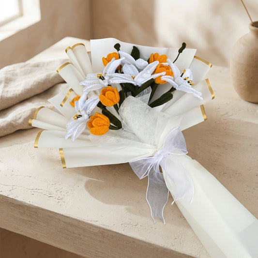 Crochet Lilly Bouquet — Hero. Styling props are not included. NovoBiz ef875482-401d-4f2c-b28c-491a7fdbbe25