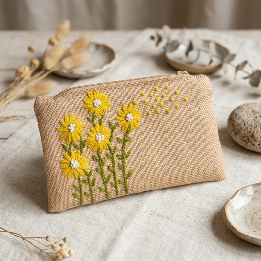 Jute Pouch Small Embroidered — Hero. Styling props are not included. NovoBiz 83431806-353a-4eb3-98fa-bed11c524a87