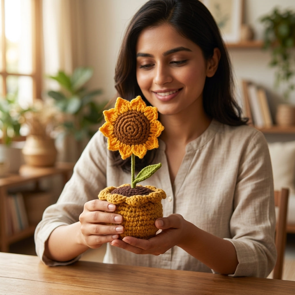 Sunflower Crochet Pod — In Use. Styling props are not included. NovoBiz 009e8a87-6c87-45ed-94b4-6fdaac5ec4e9