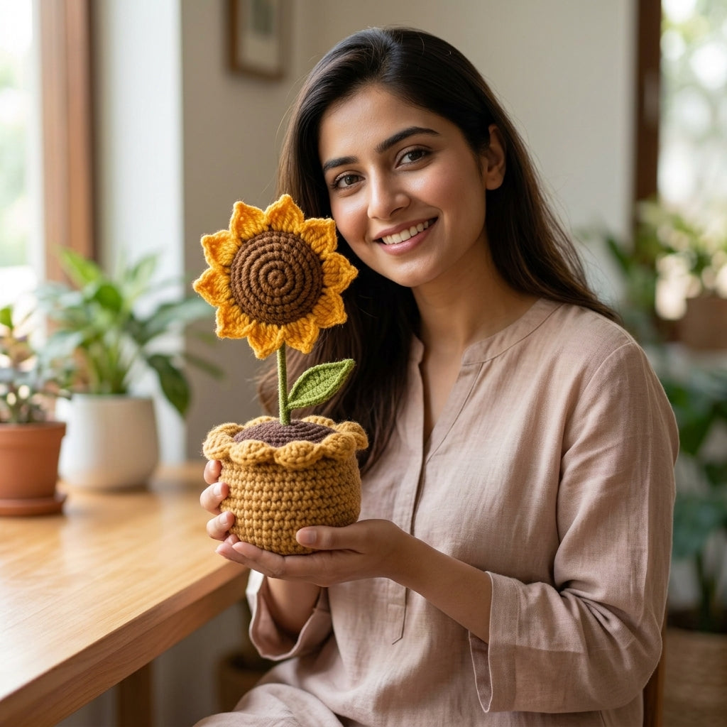 Sunflower Crochet Pod — Lifestyle. Styling props are not included. NovoBiz 8c59dc6a-ab85-4b68-8b08-2bd38e8d800a