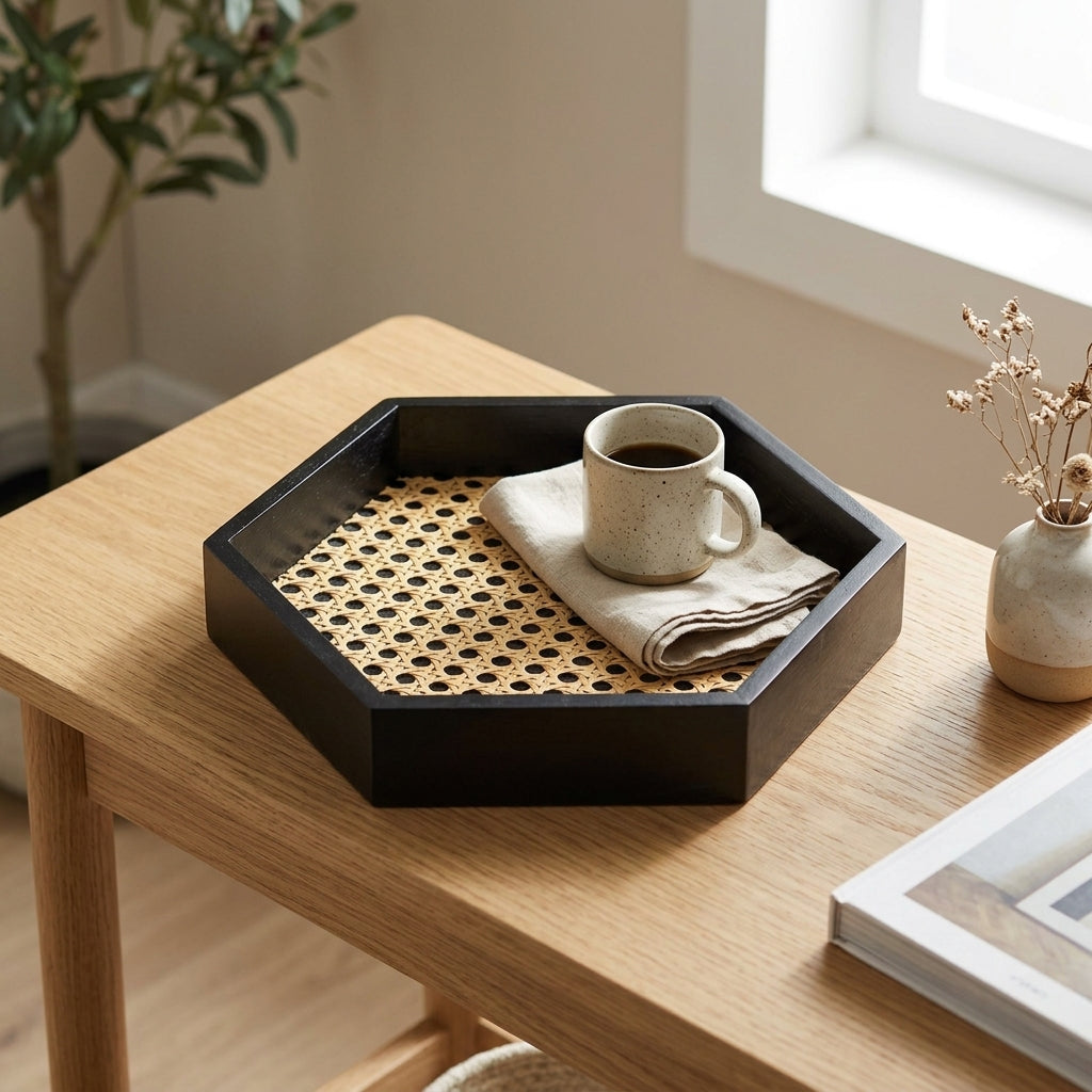 Rattan Hexagonal Tray — Style Scene. Styling props are not included. NovoBiz 1a03f767-0af8-4c2d-b255-dfeefeb87b18