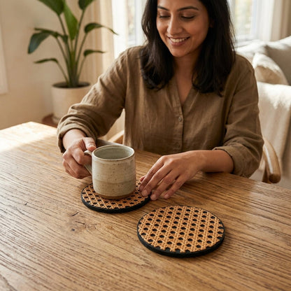 Rattan Coasters Set Of 2 — Lifestyle. Styling props are not included. NovoBiz 1f1600df-6d62-4d09-b09d-0740f1e14cf5