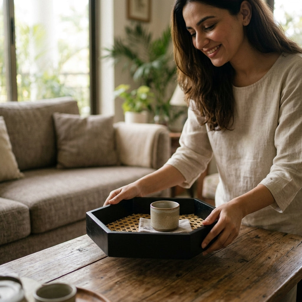 Rattan Hexagonal Tray — In Use. Styling props are not included. NovoBiz 6350084b-02fe-4755-8e2a-0fb29a24cf42