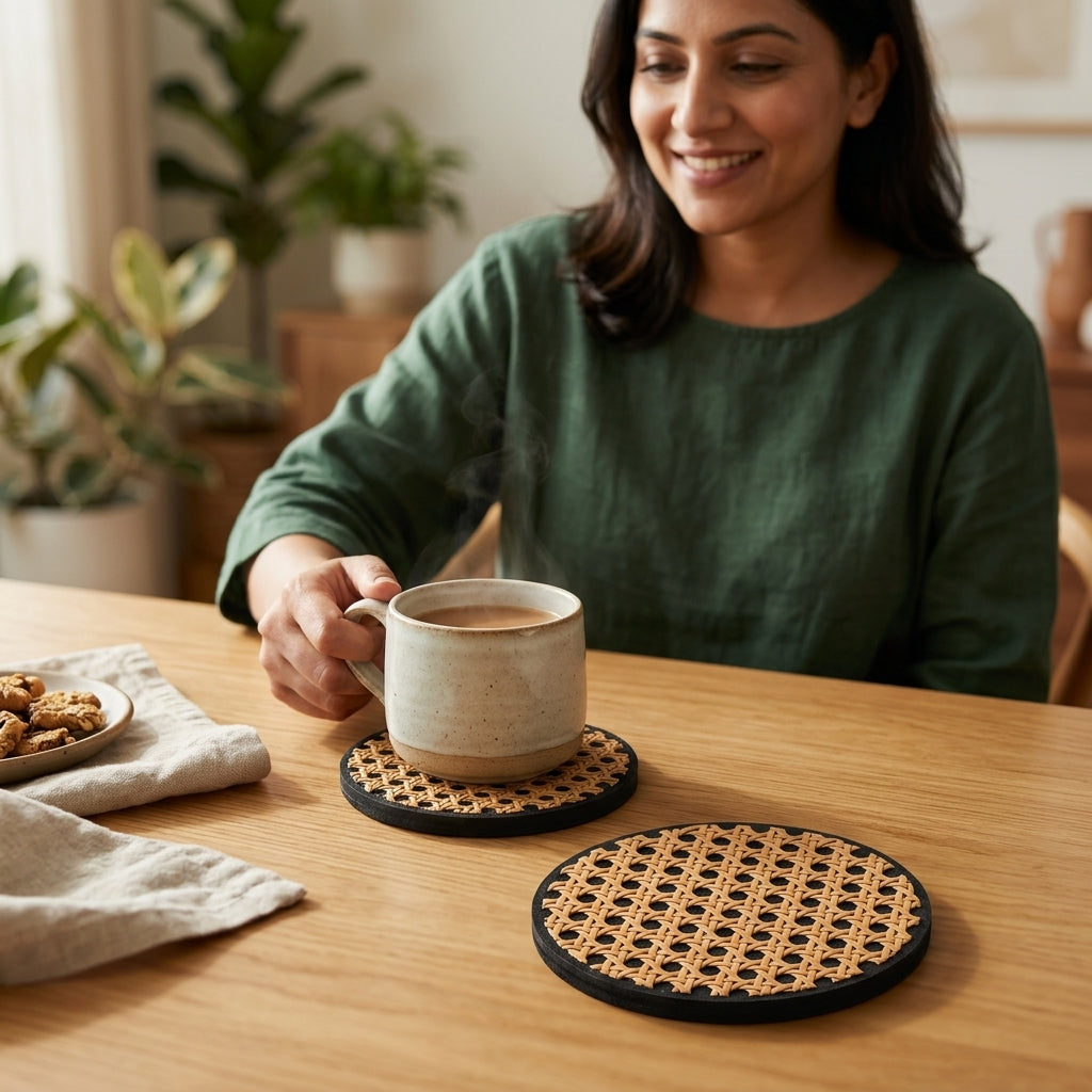 Rattan Coasters Set Of 2 — In Use. Styling props are not included. NovoBiz 6ef571ef-4e2f-427d-9d9f-1cd2f1cacc92