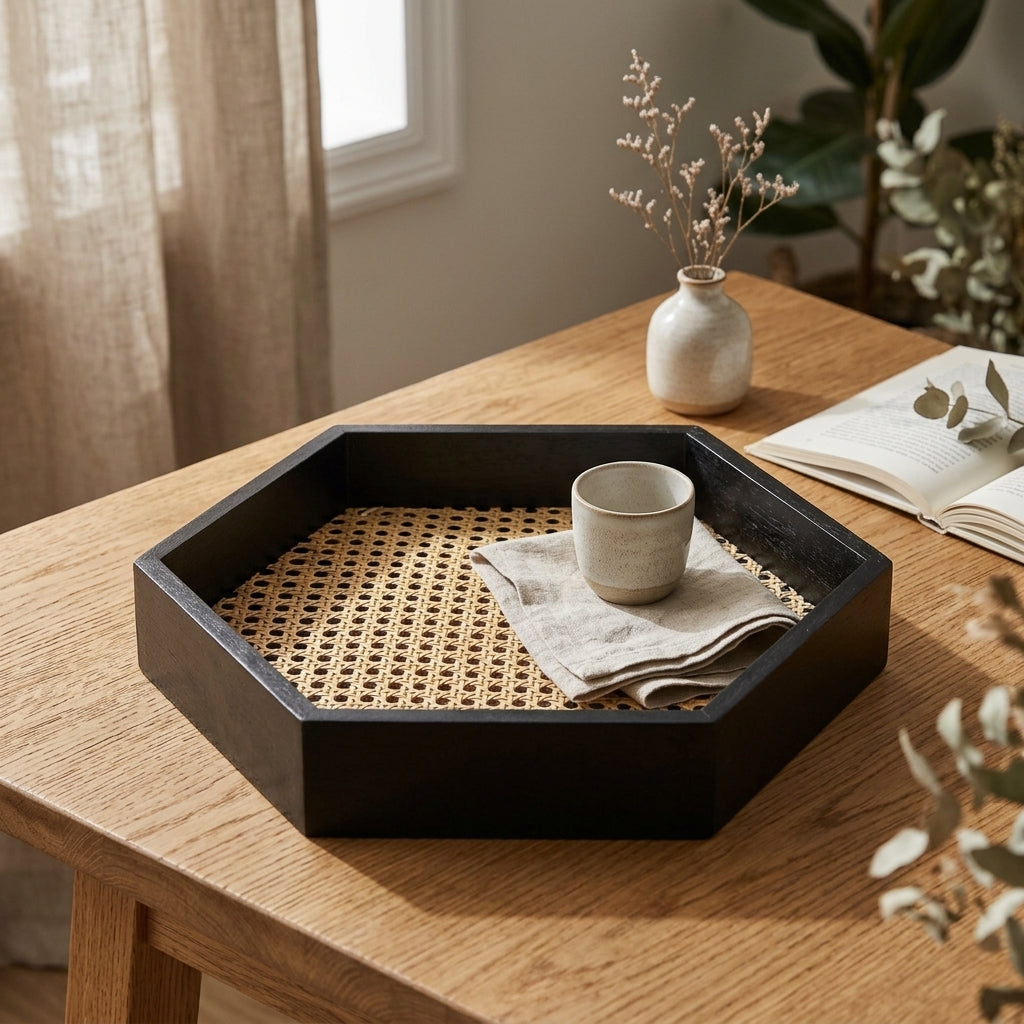Rattan Hexagonal Tray — Hero. Styling props are not included. NovoBiz 7fc4c2fe-d904-40de-840d-109eac0fda62