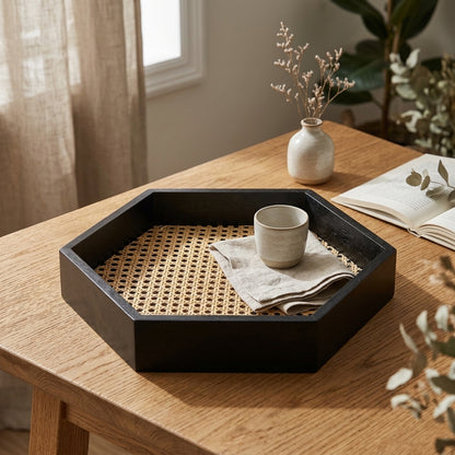 Rattan Hexagonal Tray — Hero. Styling props are not included. NovoBiz 7fc4c2fe-d904-40de-840d-109eac0fda62