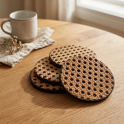 Rattan Coasters Set Of 4 — Hero. Styling props are not included. NovoBiz 8747583a-7543-429d-9d11-e394a976886a