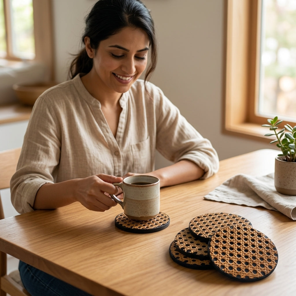 Rattan Coasters Set Of 4 — In Use. Styling props are not included. NovoBiz 877c634c-d94f-4a7b-8d62-a6839547f8d8