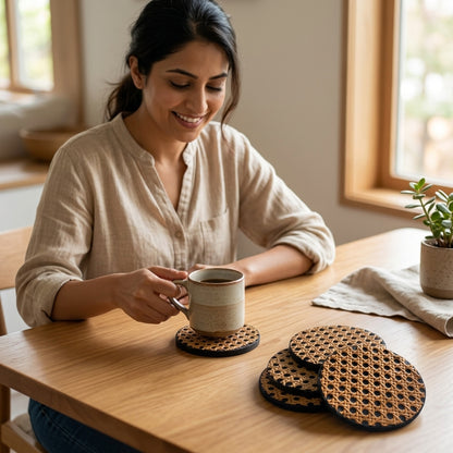 Rattan Coasters Set Of 4 — In Use. Styling props are not included. NovoBiz 877c634c-d94f-4a7b-8d62-a6839547f8d8