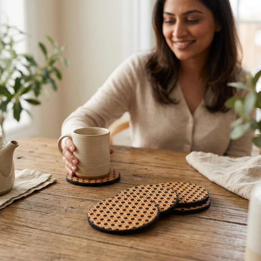 Rattan Coasters Set Of 4 — Lifestyle. Styling props are not included. NovoBiz 93d7df7e-a32e-45fe-ab9b-7ecdc9fe8b07