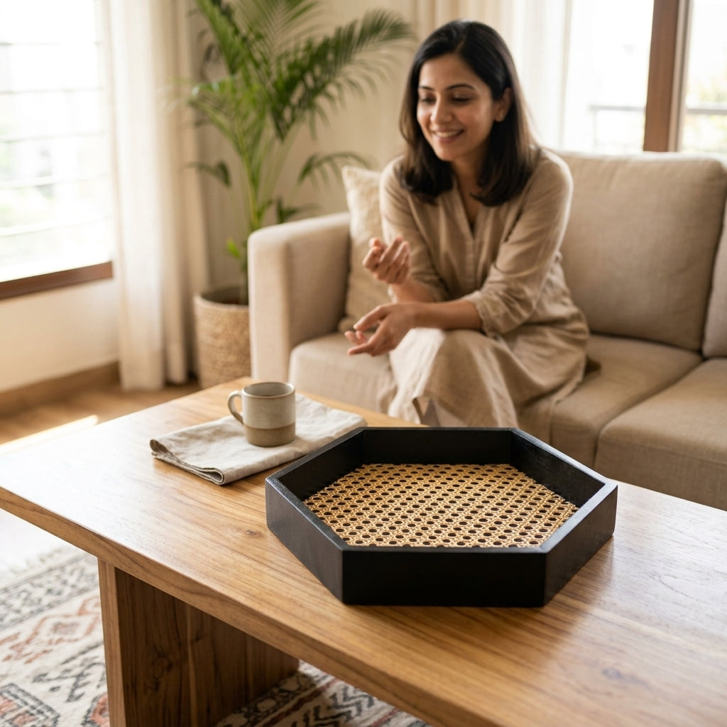 Rattan Hexagonal Tray — Lifestyle. Styling props are not included. NovoBiz d4cbc93a-f3ed-48e6-85a9-b5156ce99819
