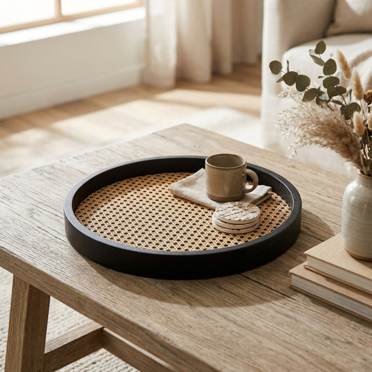 Rattan Round Tray — Style Scene. Styling props are not included. NovoBiz c99e6371-ac05-4d91-990c-1776080a35c3